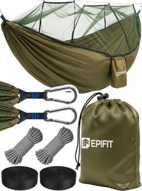 Гамак туристический с москитной сеткой RANGER Olive 330х140 см до 200 кг двойной нейлоновый с веревками лентами карабинами