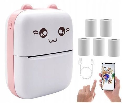 Портативний термопринтер Bambi Cat Mini printer Pink+5 рулонів термопаперу