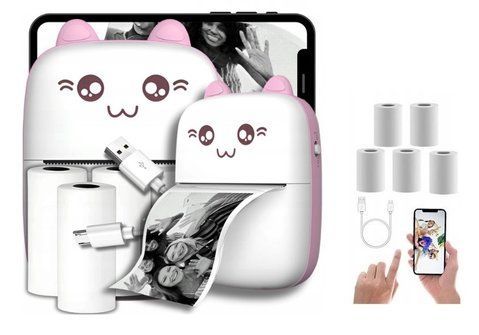 Портативный термопринтер Bambi Cat Mini printer Pink+5 рулонов термобумаги
