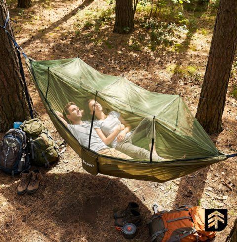 Гамак туристический с москитной сеткой RANGER Olive 330х140 см до 200 кг двойной нейлоновый с веревками лентами карабинами