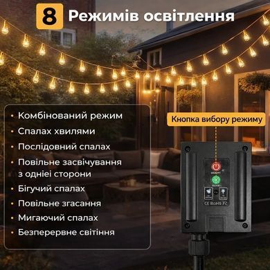 Уличный и домашний LED светильник на солнечной батарее 8 м, 20 ламп, 200 LED, Solar, для сада, вечеринки, балкона