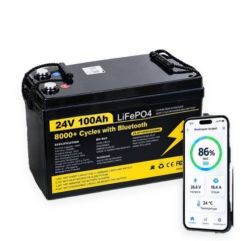 Аккумулятор LiFePO4 24V 100Ah 2560 Вт&middot;ч с BMS и Bluetooth для инвертора и солнечных панелей