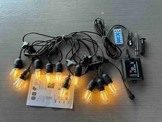 Гірлянда з ретро-лампочками LED Edison, пультом дистанційного керування, сонячною панеллю та можливістю зарядки від мережі