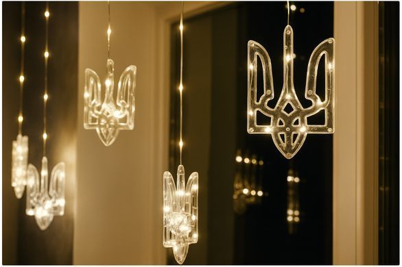 Декоративна патріотична LED гірлянда штора Тризуб 3 метри, 8 фігурок, 136, теплий білий колір, для дому