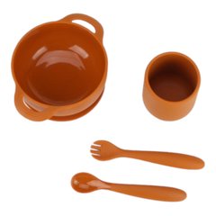 Набор силиконовой посуды OldBro brown силиконовая тарелка на присоске, кружка и приборы, 4 предмета