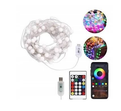Розумна світлодіодна музична гірлянда 100LED, 10 м, кольорові RGB кульки з USB живленням та дистанційним керуванням