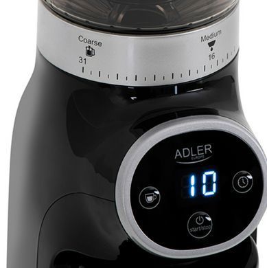 Кофемолка Adler AD 4450 Burr 300 Вт, конические металлические жернова, 31 степень помола, контейнер 300 г, таймер 25 с, черная/сер