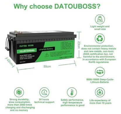Аккумулятор LiFePO4 Datou Boss 12,8V 300Ah 3840Wh с BMS, 6000+ циклов, 200A разряд, 100A заряд, IP65
