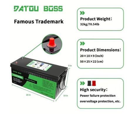 Аккумулятор LiFePO4 Datou Boss 12,8V 300Ah 3840Wh с BMS, 6000+ циклов, 200A разряд, 100A заряд, IP65