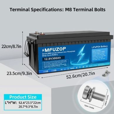 Аккумулятор MFUZOP LiFePO4 12,8V 300Ah 3,84 кВт&middot;ч с BMS, 6000 циклов, IP65, для ИБП, инвертора и солнечных систем