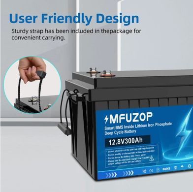 Аккумулятор MFUZOP LiFePO4 12,8V 300Ah 3,84 кВт&middot;ч с BMS, 6000 циклов, IP65, для ИБП, инвертора и солнечных систем