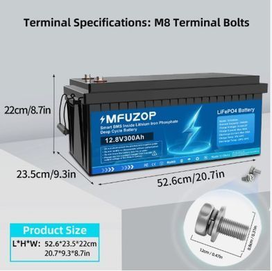 Аккумулятор MFUZOP LiFePO4 12,8V 300Ah 3,84 кВт&middot;ч с BMS, 6000 циклов, IP65, для ИБП, инвертора и солнечных систем