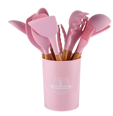 _Кухонный набор Silikone Kitchen Set розовый из силикона с бамбуковой ручкой из 12 предметов