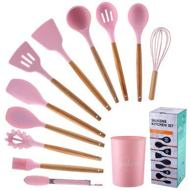 _Кухонний набір Silikone Kitchen Set рожевий із силікону з бамбуковою ручкою з 12 предметів