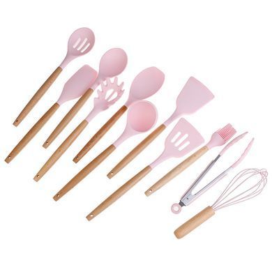 _Кухонний набір Silikone Kitchen Set рожевий із силікону з бамбуковою ручкою з 12 предметів