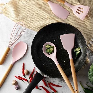 _Кухонний набір Silikone Kitchen Set рожевий із силікону з бамбуковою ручкою з 12 предметів