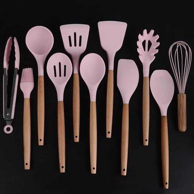 _Кухонный набор Silikone Kitchen Set розовый из силикона с бамбуковой ручкой из 12 предметов