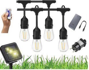 Садова LED гірлянда Edison 5 м, 10 ламп, 4 типи живлення (сонячна панель, USB, мережа 220В, powerbank), IP65, з пультом керування Sun Lamp