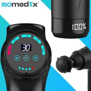 Масажний пістолет перкусійний Isomedix 26441 Акумуляторний масажер 45 Вт 12 насадок 30 рівнів Чорний