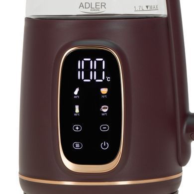 Електричний скляний чайник Adler AD 1305, 1.7 л, регулювання температури, бордовий