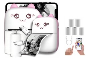 Портативный термопринтер Bambi Cat Mini printer Pink+5 рулонов термобумаги