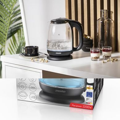 Електрочайник скляний Mesko MS 1302 Black (1.7 л, 2200 Вт) з LED-підсвіткою, чорний