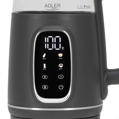 Электрический стеклянный чайник Adler AD 1305, 1.7 л, с регулировкой температуры, серый