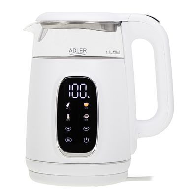 Электрический стеклянный чайник Adler AD 1305, 1.7 л, с регулировкой температуры, Бело-серебристый