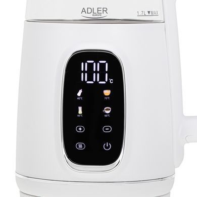 Электрический стеклянный чайник Adler AD 1305, 1.7 л, с регулировкой температуры, Бело-серебристый