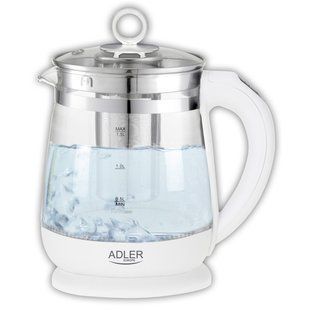 Стеклянный чайник Adler AD 1299 белый объемом 1.5 л с заварочным блоком и контролем температуры