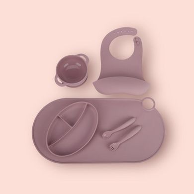 Набір силіконового посуду для першого прикорму дітей на присосці, 6 предметів, Pink dark