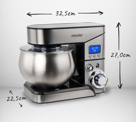 Планетарний тістоміс Mesko MS 4228, 2000 Вт, чаша 5 л, кухонний комбайн, 6 швидкостей, імпульсний режим, РК-дисплей, насадки