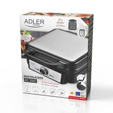 Електровафельниця Adler AD 3083, 1800 Вт, для бельгійських вафель, на 4 вафлі, антипригарне покриття, регулювання температури