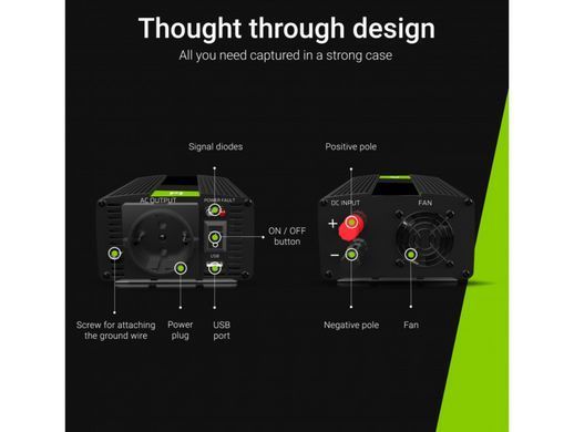 Перетворювач напруги інвертор Green Cell 12V на 230V 300W/600W Чистий синус (INV05DE)