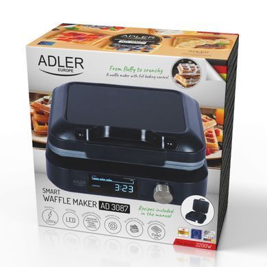 Вафельниця Adler AD 3087, 2200 Вт, LED-дисплей, 6 рівнів підрум&rsquo;янення, таймер, антипригарне покриття