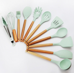 Кухонный набор Silikone Kitchen Set бирюзовый из силикона с бамбуковой ручкой из 12 предметов