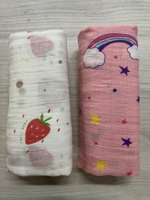 Набір муслінових дитячих пеленальних ковдр, комплект з 2шт., розмір 100х120 см, єдинорг/полуниця