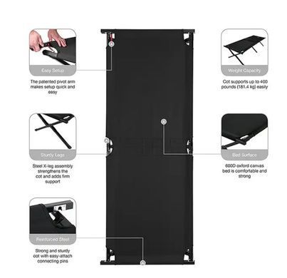 Ліжко розкладне туристичне EX 188x75x42см black, D 25х25х1.0мм, 600D oxford