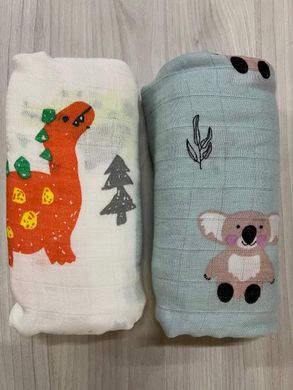 Набор муслиновых детских пеленальных одеял, комплект из 2шт., размер 100х120 см, динозавр/коала