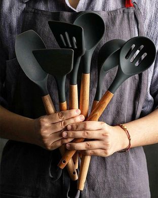 Кухонный набор Silikone Kitchen Set черный из силикона с бамбуковой ручкой из 12 предметов