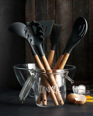 Кухонний набір Silikone Kitchen Set чорний із силікону з бамбуковою ручкою з 12 предметів