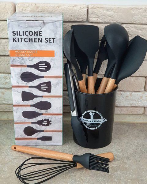 Кухонный набор Silikone Kitchen Set черный из силикона с бамбуковой ручкой из 12 предметов