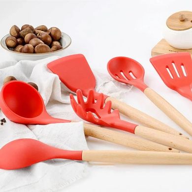 Кухонный набор Silikone Kitchen Set красный из силикона с бамбуковой ручкой из 12 предметов