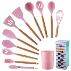 Кухонный набор Silikone Kitchen Set розовый из силикона с бамбуковой ручкой из 12 предметов