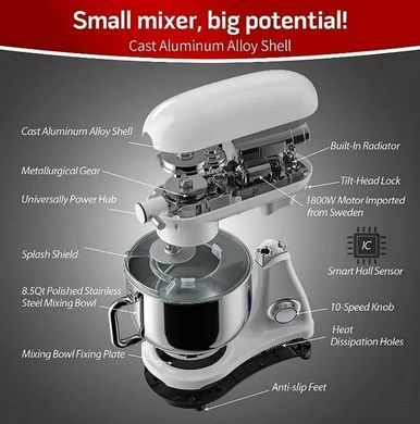 Планетарний міксер тістоміс 1800Вт чаша 8л COOKDEYI SM 1522NM White