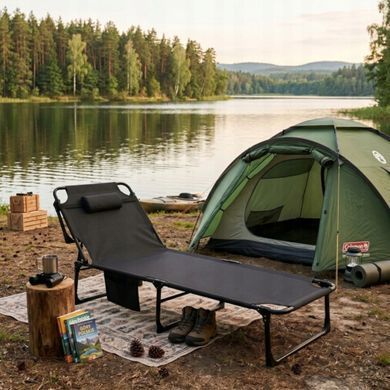 Раскладушка кемпинговая с мягким матрасом 6 см и подушкой Camping 190х68х30 см (нагрузка до 200 кг, черная) CC-3F0468S