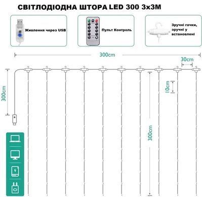 Гирлянда штора капГирлянда штора Капля Росы 3&times;3 мля росы Sun Lamp 3х3 метра 300 LED с пультом и USB питанием, RGB, мульти свечение