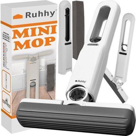 Компактная мини-швабра Ruhhy 24345 для мытья окон и столешниц с функцией самоотжима и 2 сменными насадками белая