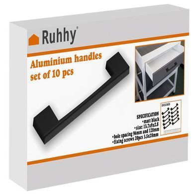 Мебельные ручки Ruhhy 24190, черные матовые, комплект 10 шт, алюминий, 96 мм, с крепежом