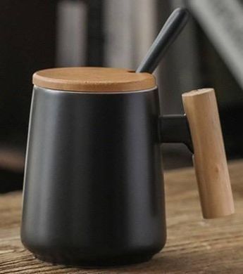 Кружка керамическая olDBro с деревянной ручкой, крышкой и ложкой 480 мл black